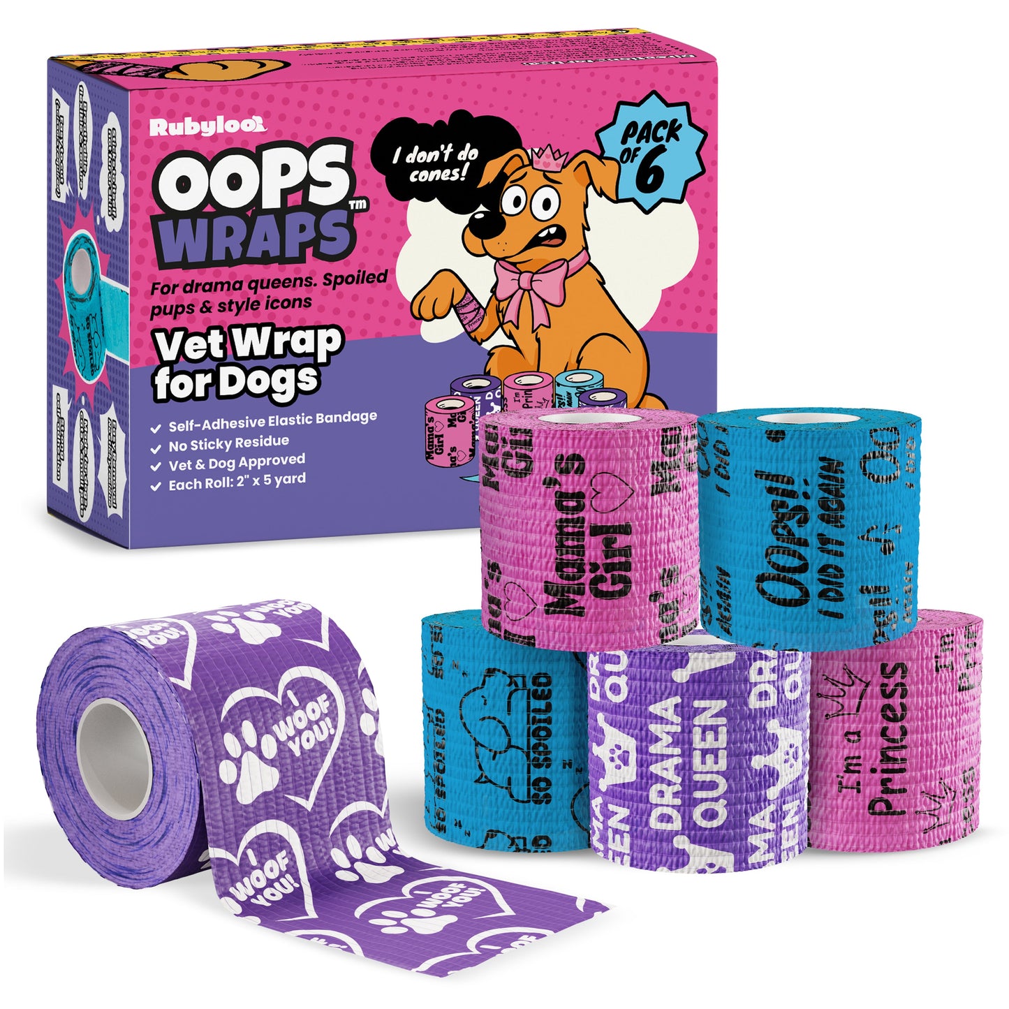 Colorful dog vet wrap rolls with playful text designs in purple, pink, and blue. Box features cartoon dog.