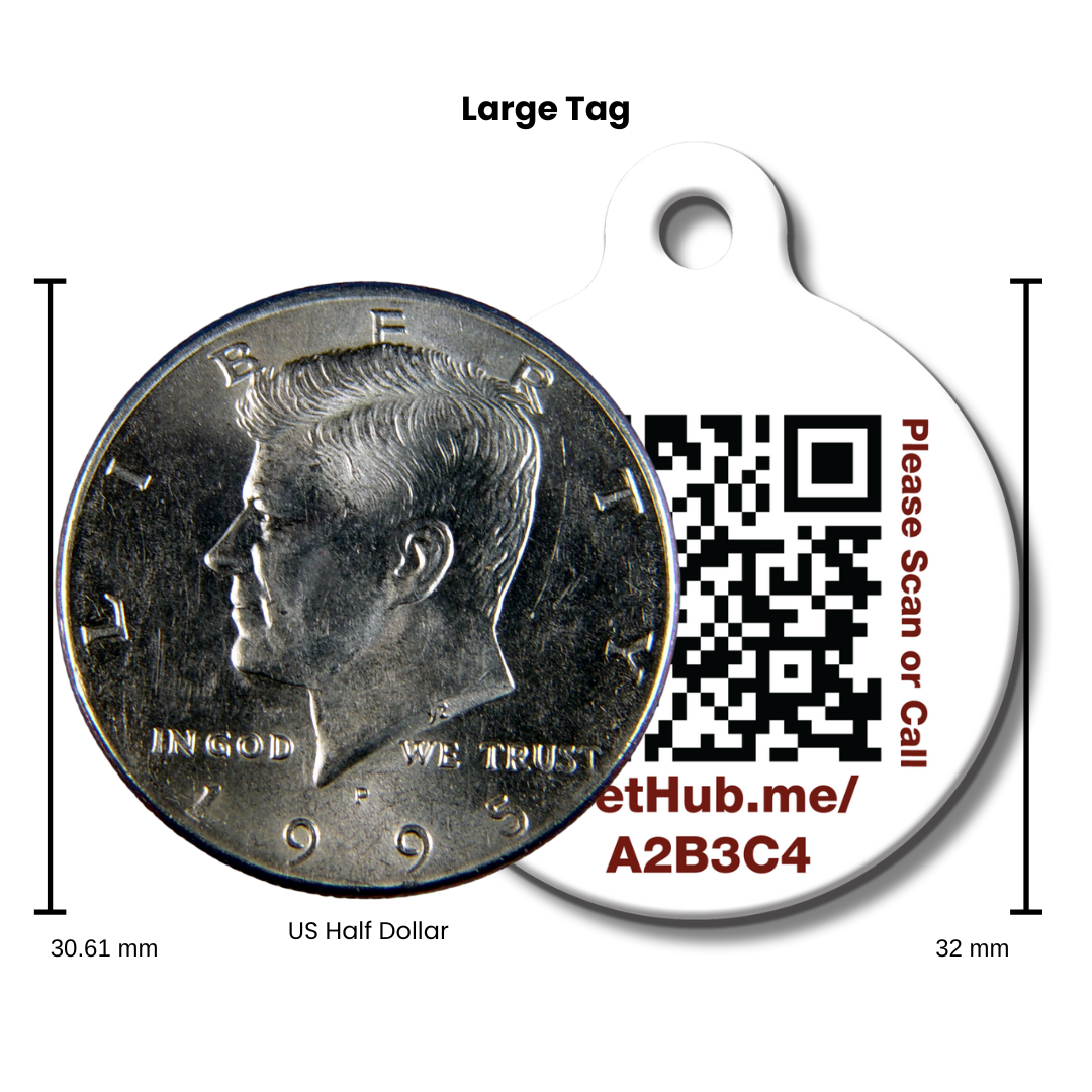 A US half dollar coin next to a round tag with a QR code and text, showing size comparison.