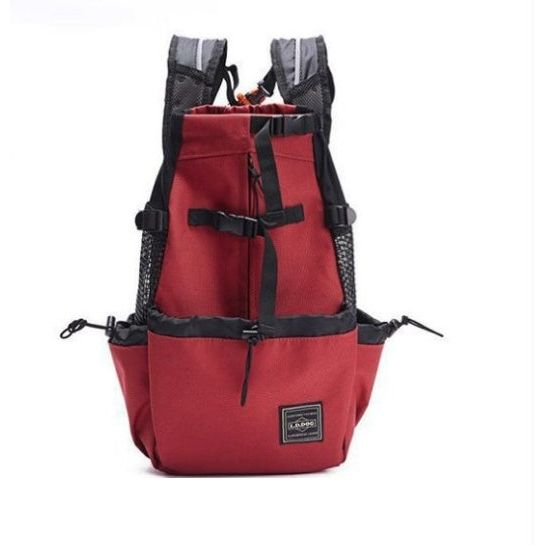 Red backpack with black straps, mesh pockets, and a front buckle on a white background.