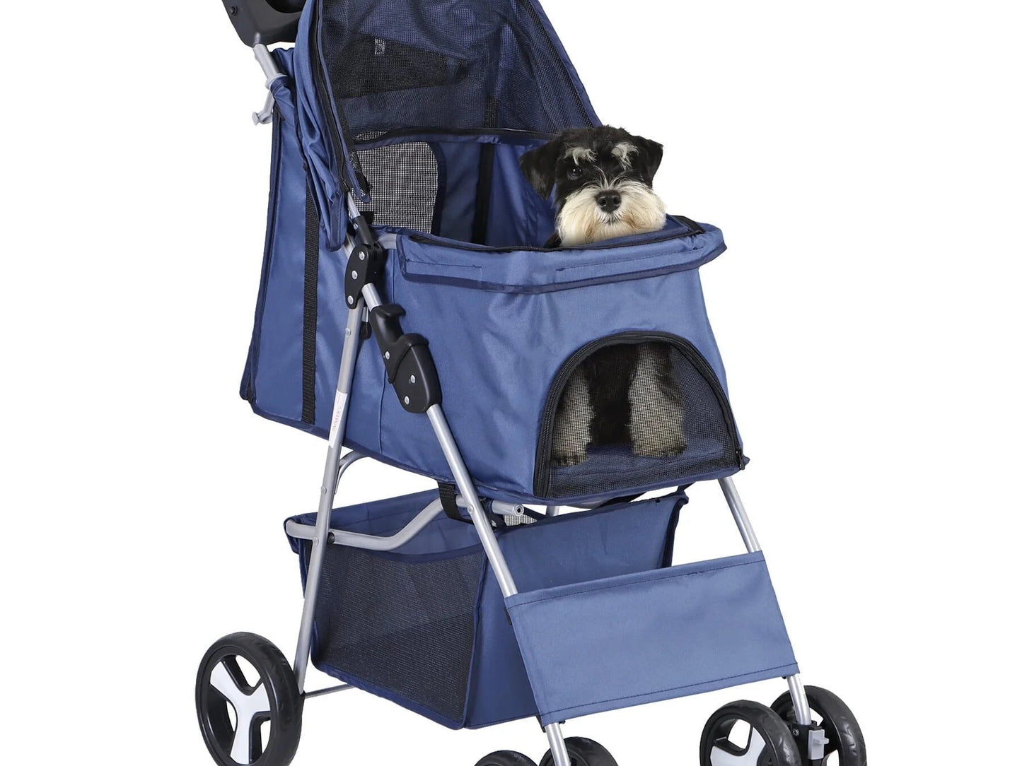 4 Wheels Small Pet Dog Stroller Foldable Strolling Cart Max.33Lbs W/Storage Basket & Cup Holder,Navy