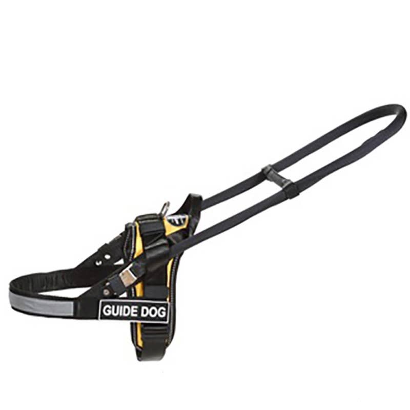 Black and yellow guide dog harness with a handle and "GUIDE DOG" label.
