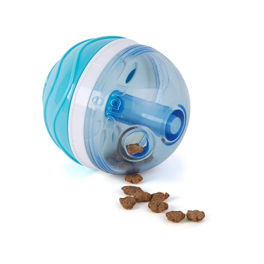 Blue and clear treat-dispensing ball with brown kibble spilling out.
