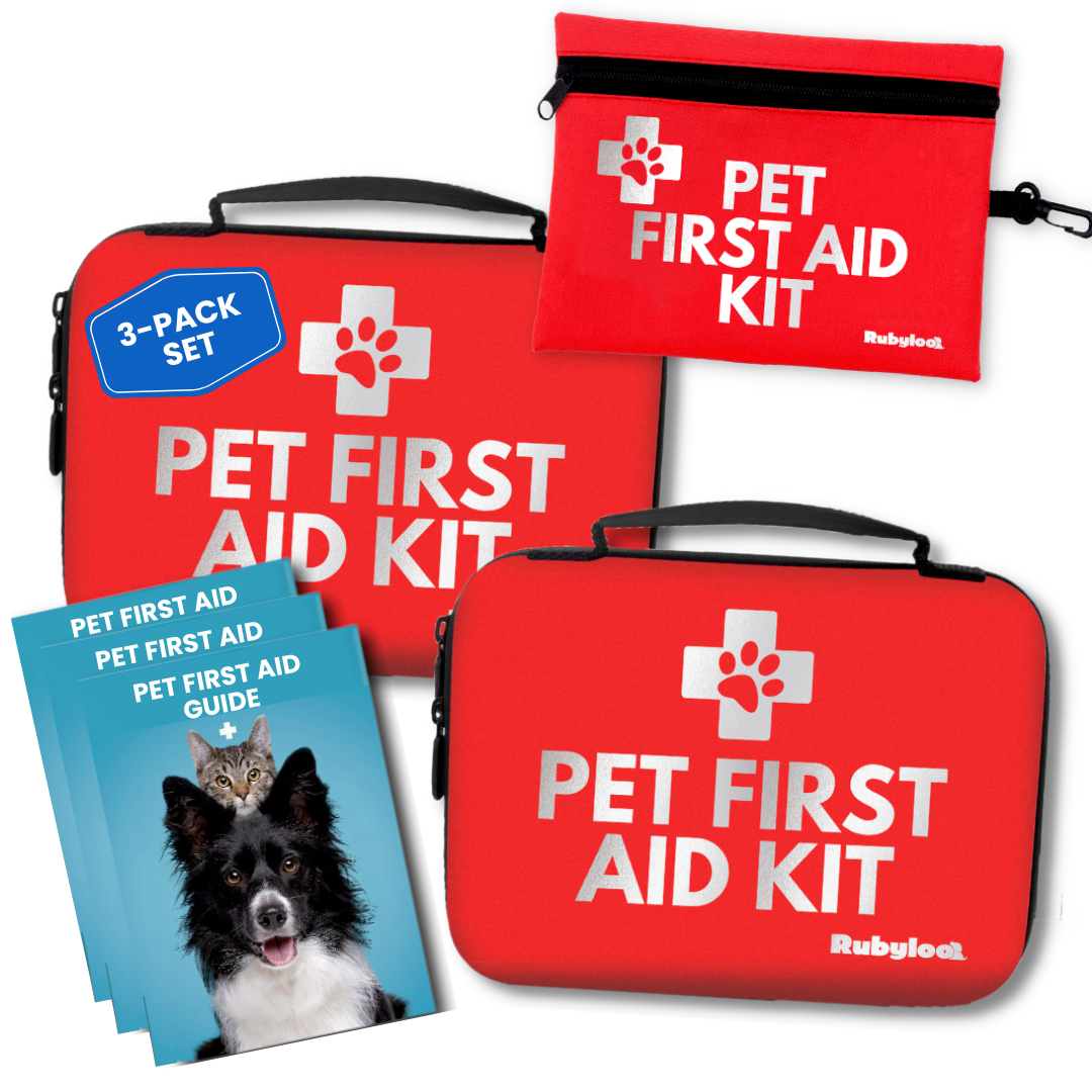 Red pet first aid kits with white text and a paw print. Includes a guide with a dog's photo.