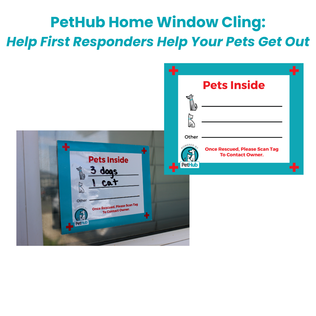 Window cling with "Pets Inside" text, blue border, red crosses, and space to list pets.
