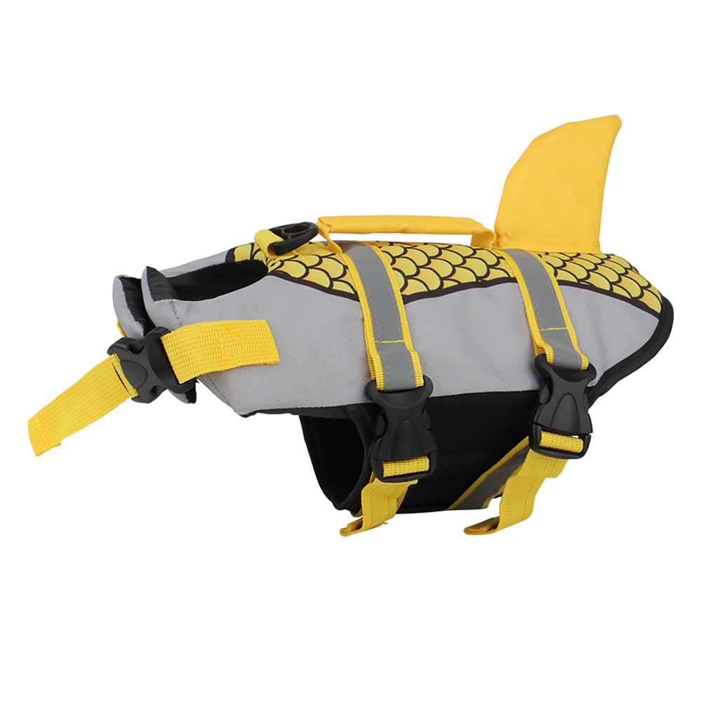 Gray and yellow dog life jacket with fish scale pattern and fin, featuring adjustable straps.