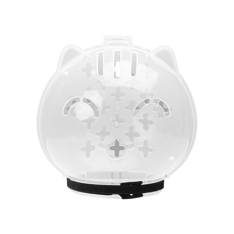 Clear, cat-shaped plastic container with a black strap and cross-shaped cutouts.