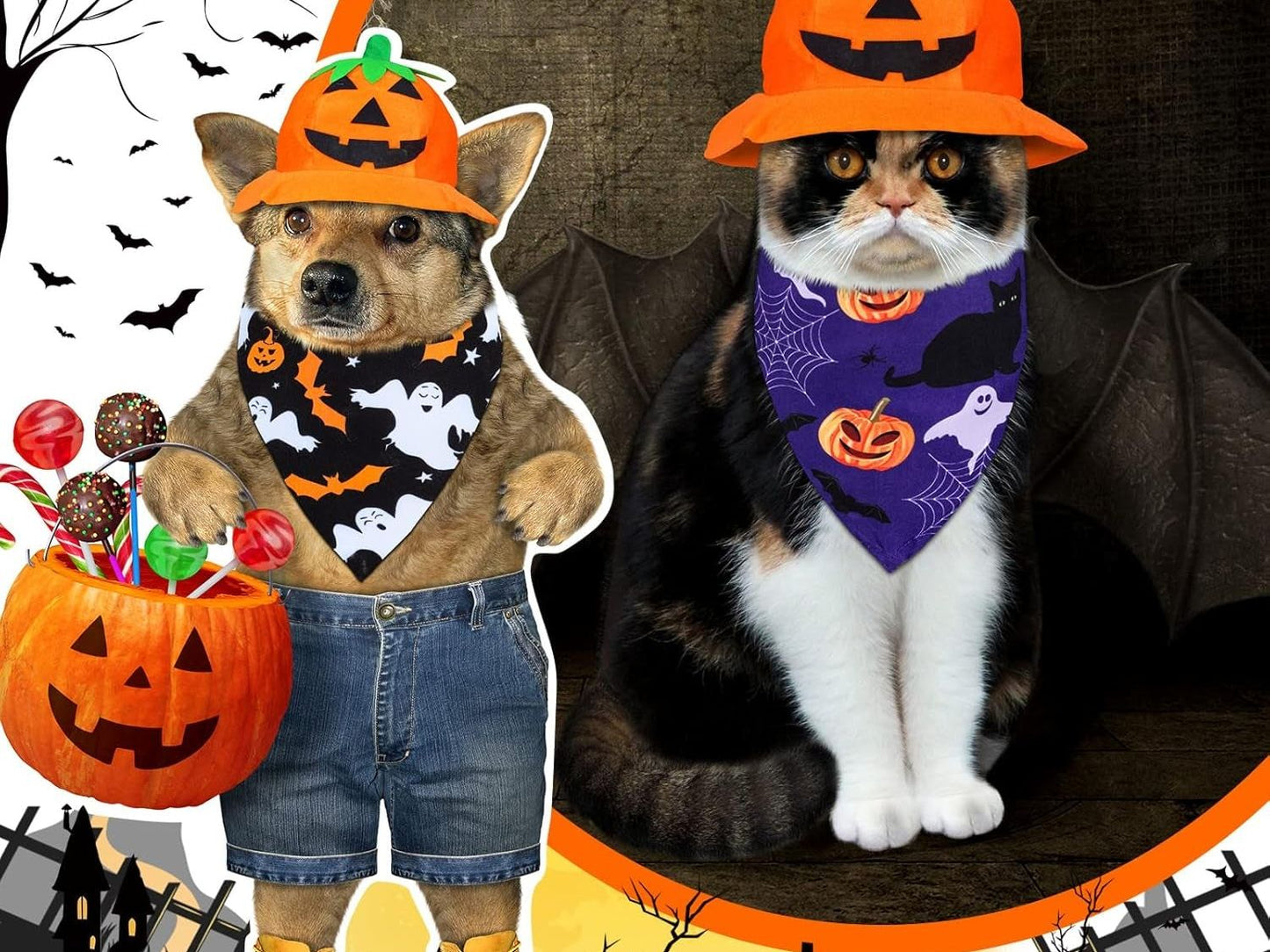 12-Pack Adjustable Halloween Bandanas for Dogs and Cats - Triangle Design Featuring Bat, Ghost, and Pumpkin Patterns - Pet Apparel Accessories