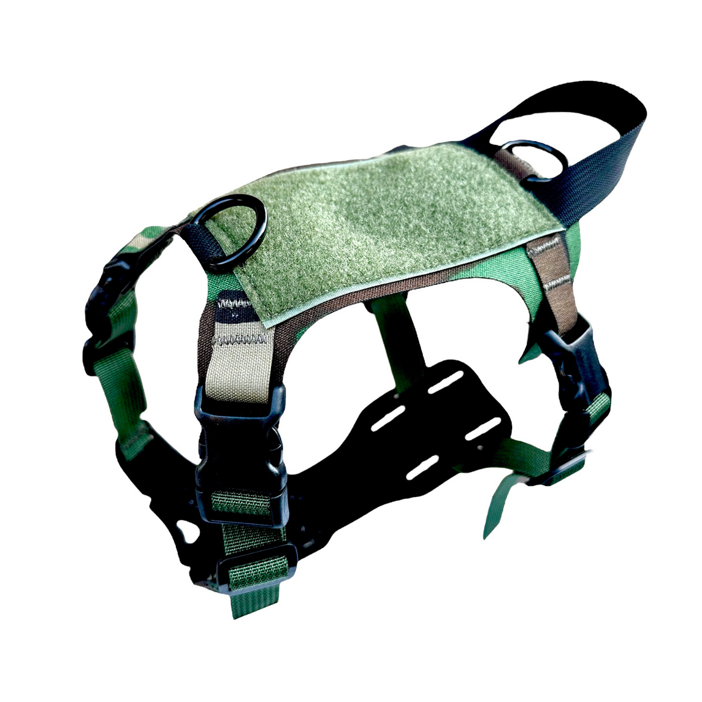 Green and black dog harness with adjustable straps and metal rings on a white background.