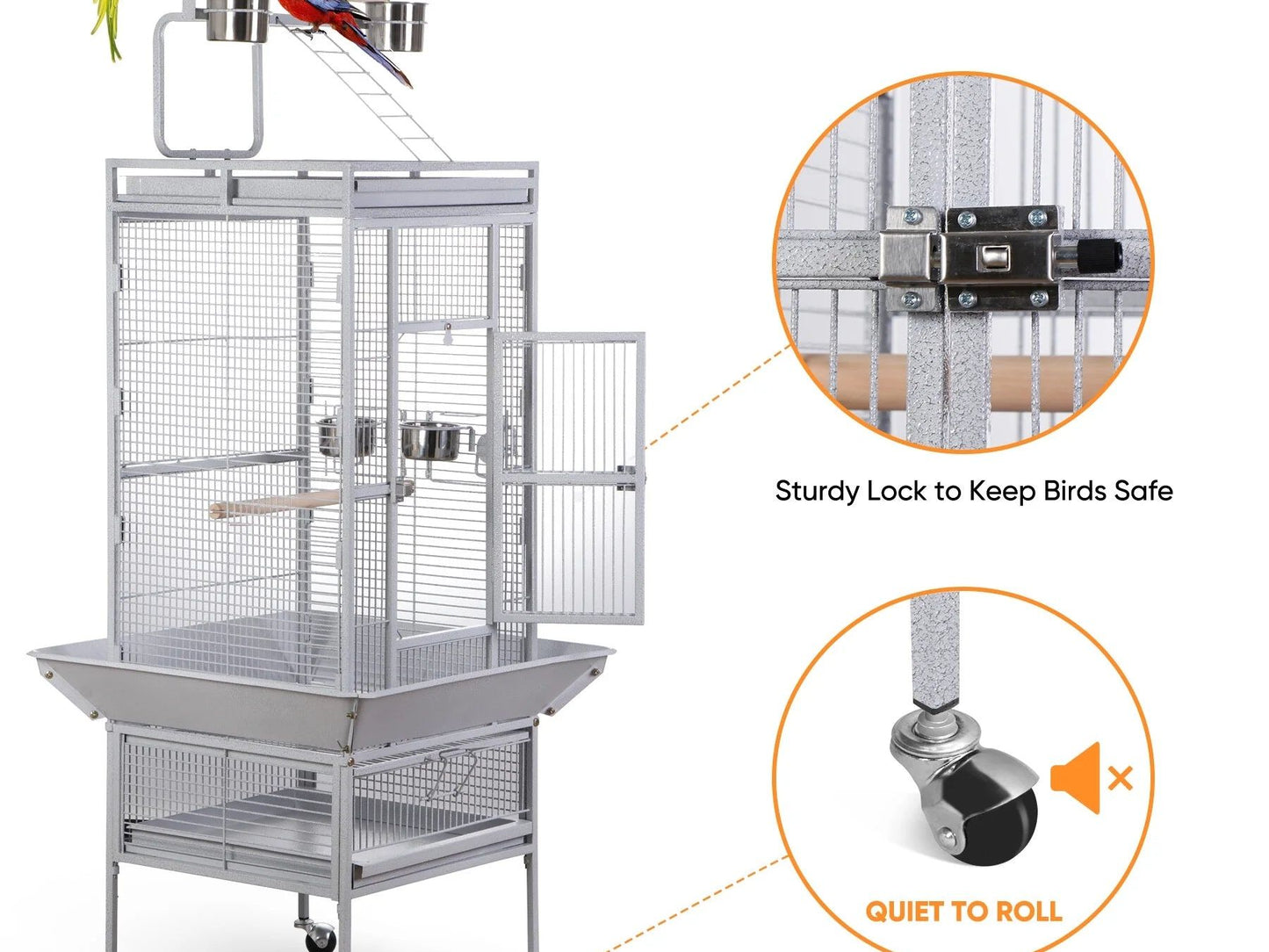 61" Large Bird Cage with Rolling Stand for Parrot Cockatoo Pet House Wrought Iron Birdcage, White