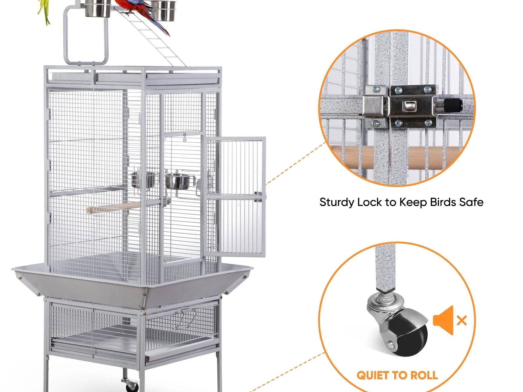 61" Large Bird Cage with Rolling Stand for Parrot Cockatoo Pet House Wrought Iron Birdcage, White