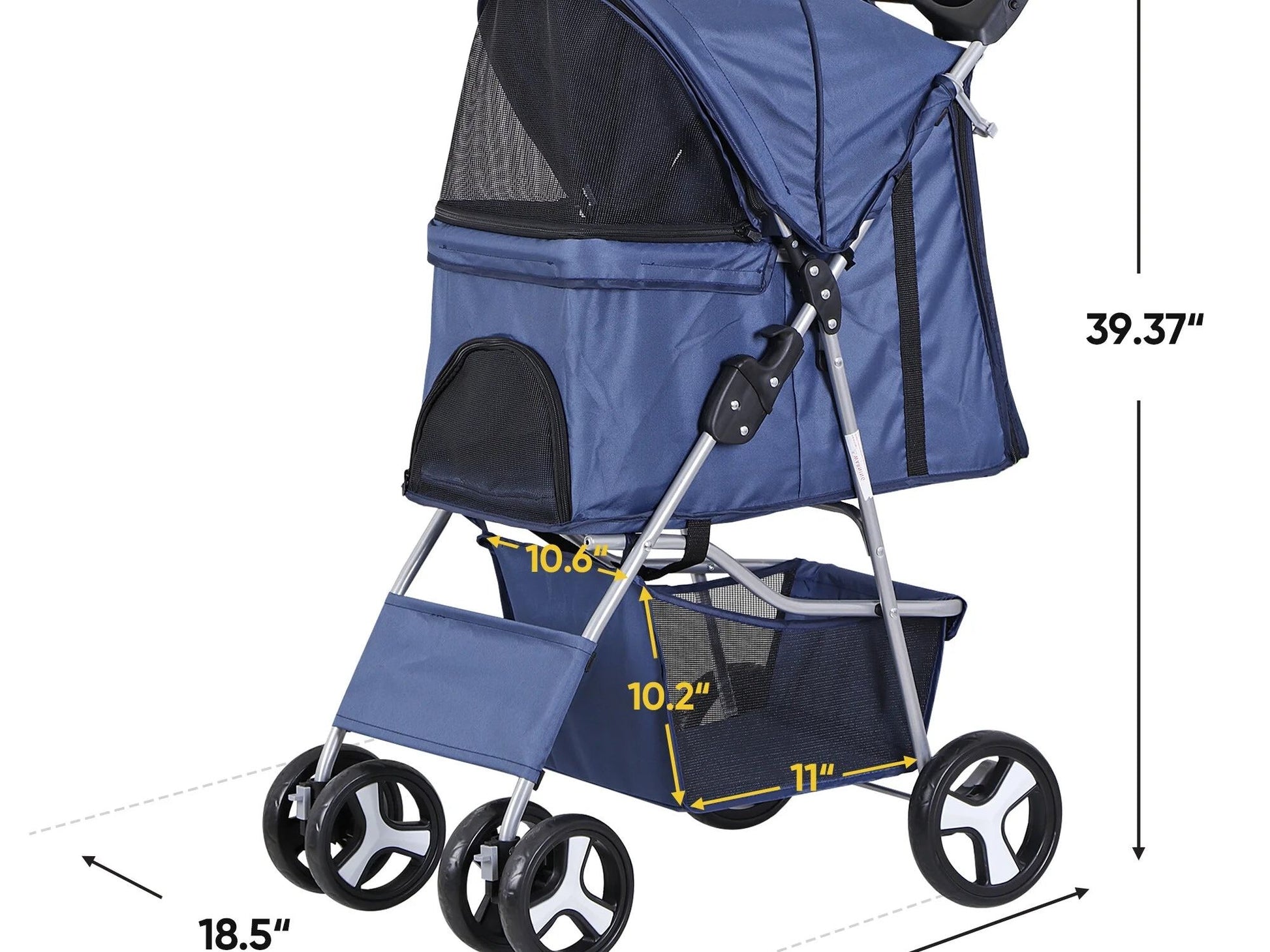 4 Wheels Small Pet Dog Stroller Foldable Strolling Cart Max.33Lbs W/Storage Basket & Cup Holder,Navy