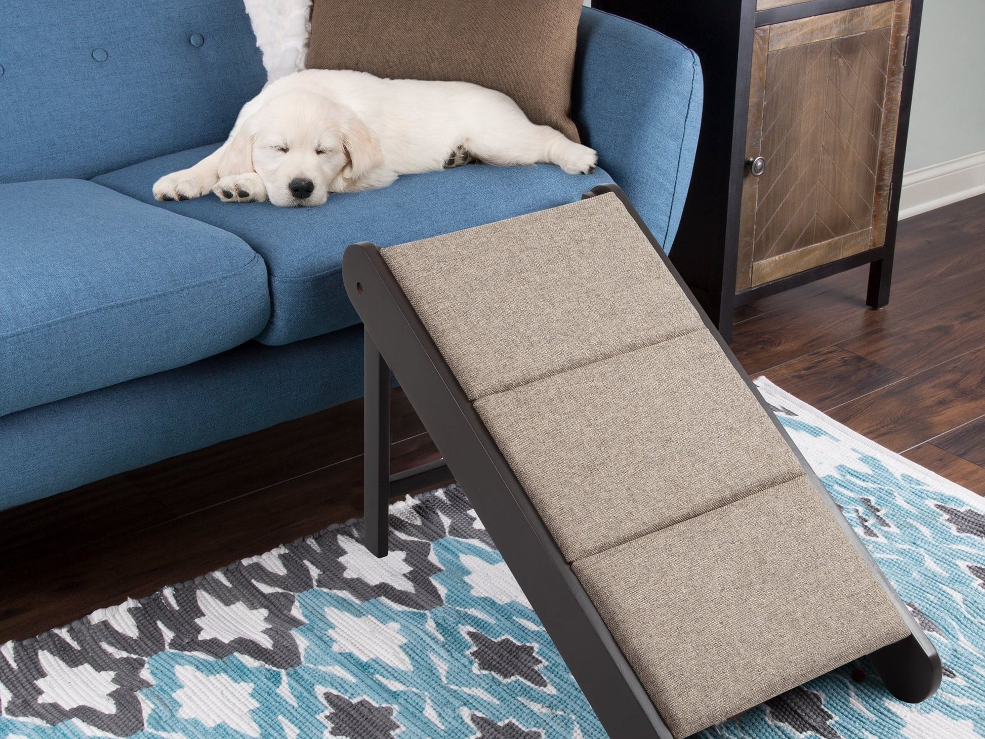 Foldable Wooden Pet Ramp for Bed, Couch, or Vehicle (Gray/Cream)