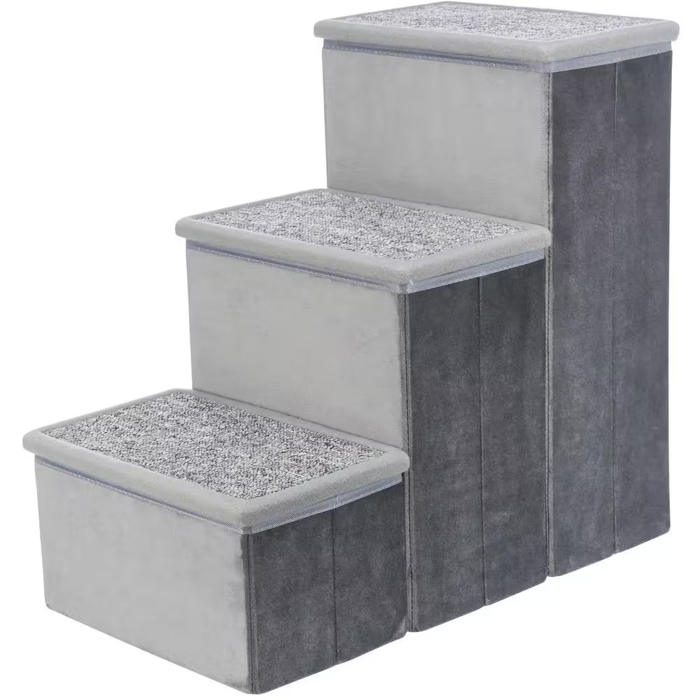 Velour Foldable 3-Step Pet Stairs with Storage