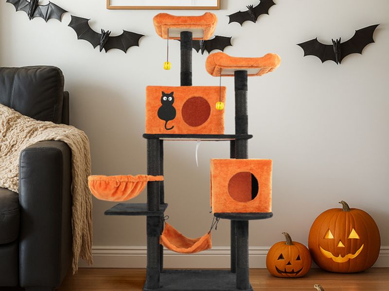Halloween Cat Tree, Large Cat Tower with 2 Spacious Cat Condos, 2 Padded Perches, 2 Hammocks, Scratching Posts, Hanging Toy, Multi-Level Cat Activities Furniture for Large Cats, Orange & Black