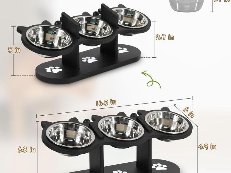 Raised Cat Food Bowls for Indoor Cats, Elevated Cat Bowls,Adjustable Heights Pet Bowl with Black Shelf,3 Stainless Steel Elevated Cat Bowls Stand with 15 ° Tilted,Cat Food and Water Bowl Setcat Food Bowl Slow Feeder Bowl