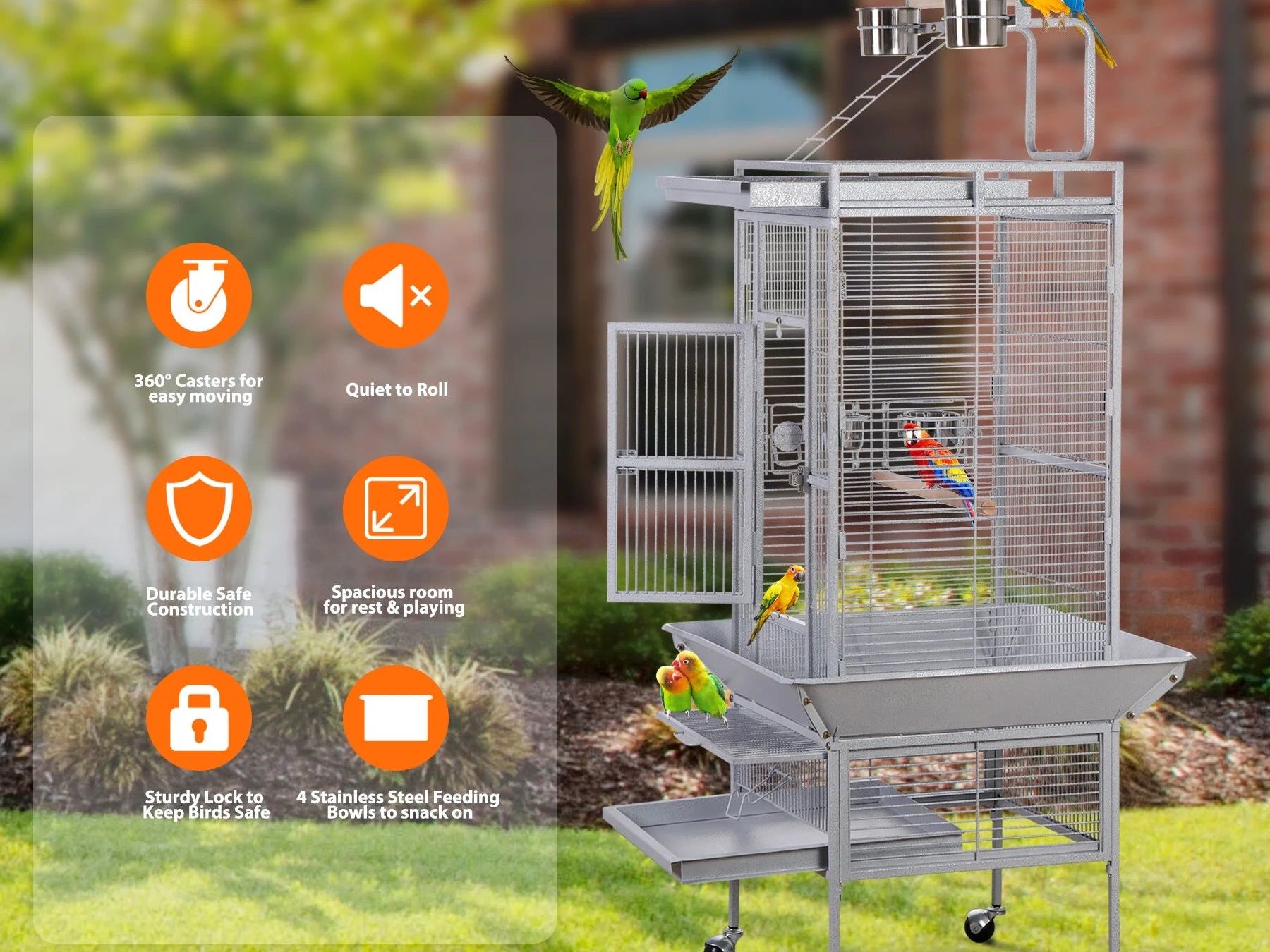61" Large Bird Cage with Rolling Stand for Parrot Cockatoo Pet House Wrought Iron Birdcage, White