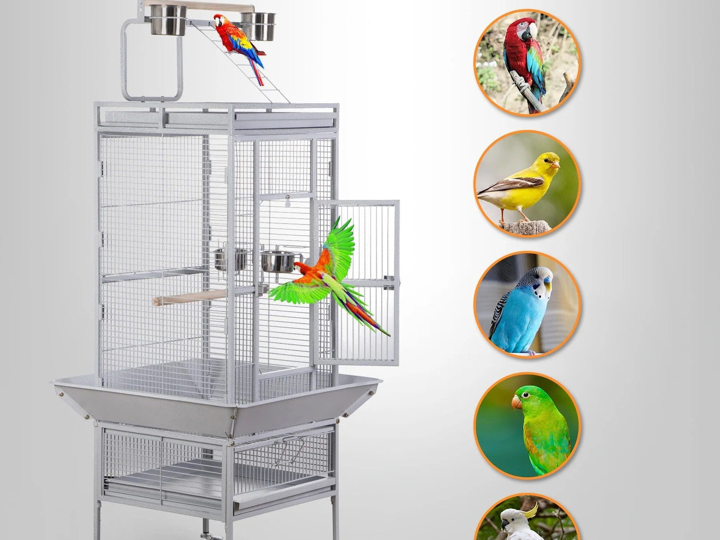 61" Large Bird Cage with Rolling Stand for Parrot Cockatoo Pet House Wrought Iron Birdcage, White