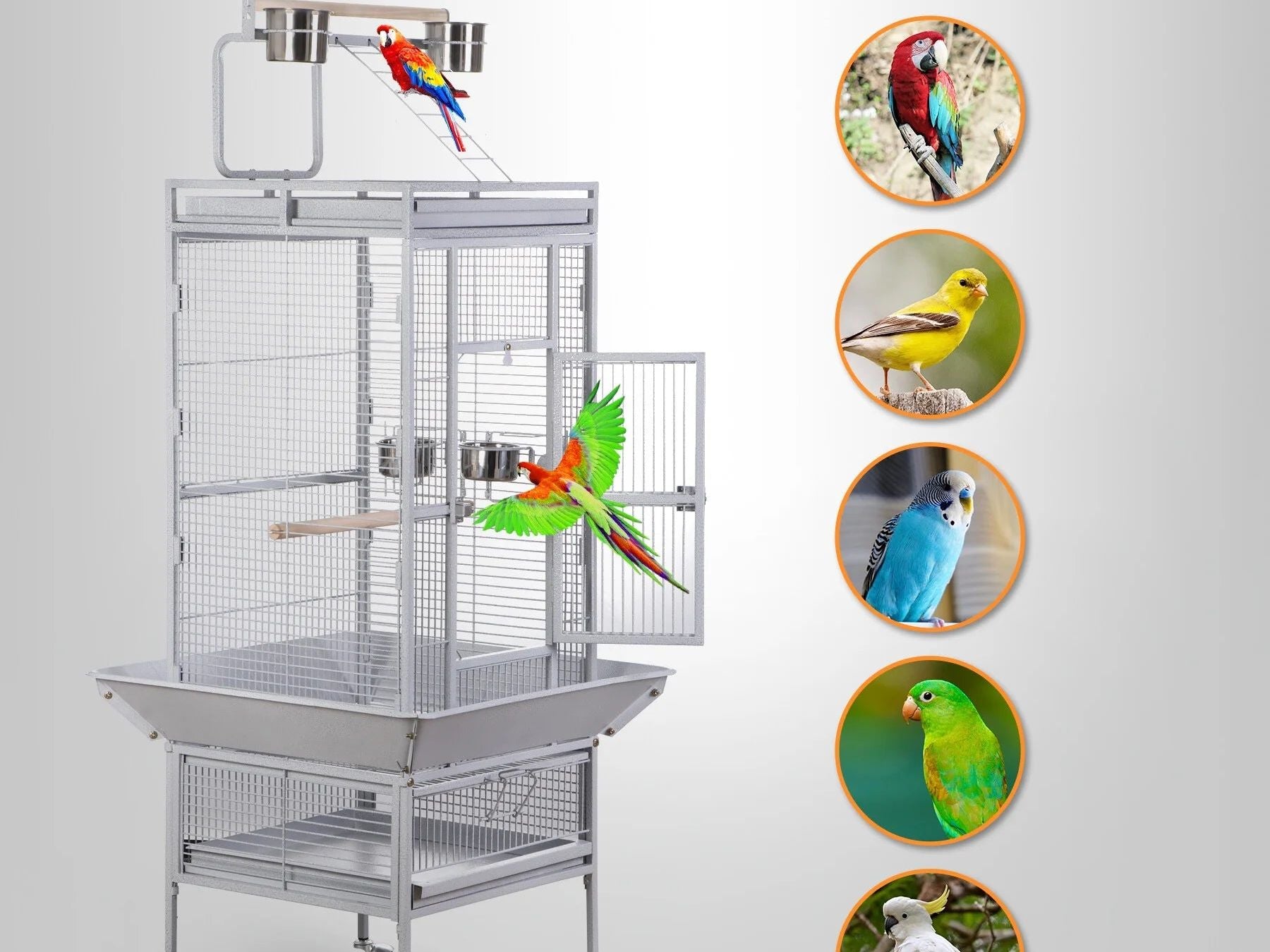61" Large Bird Cage with Rolling Stand for Parrot Cockatoo Pet House Wrought Iron Birdcage, White