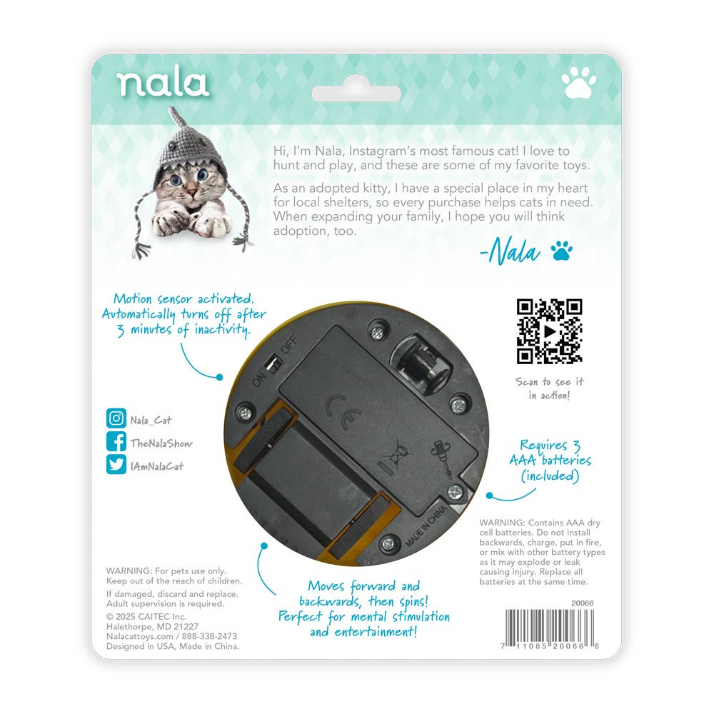 Toy packaging with a cat in a hat, motion sensor info, and social media icons on a blue patterned background.