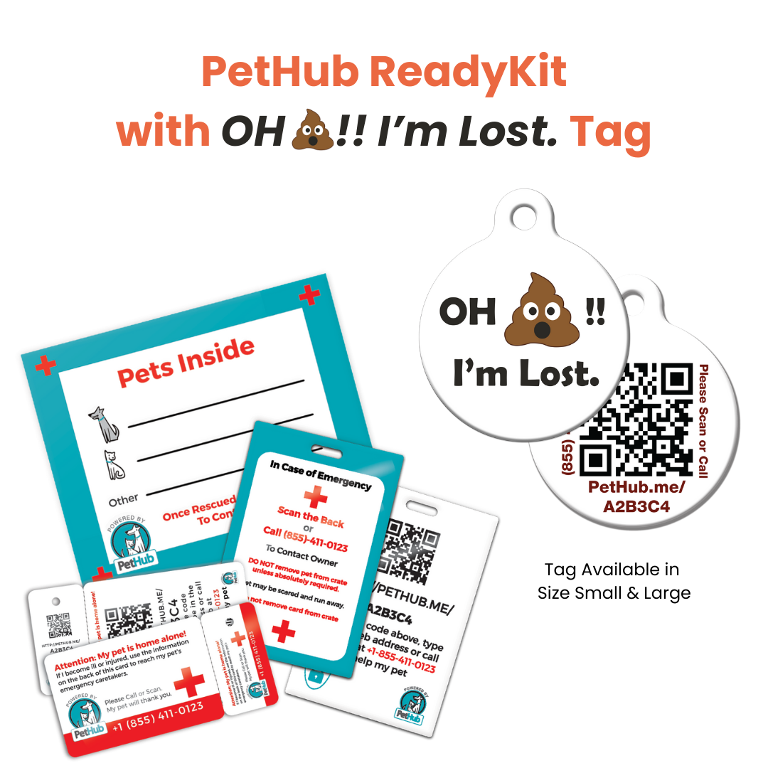 PetHub ReadyKit with pet ID tags, QR code, and emergency cards in red, white, and blue.