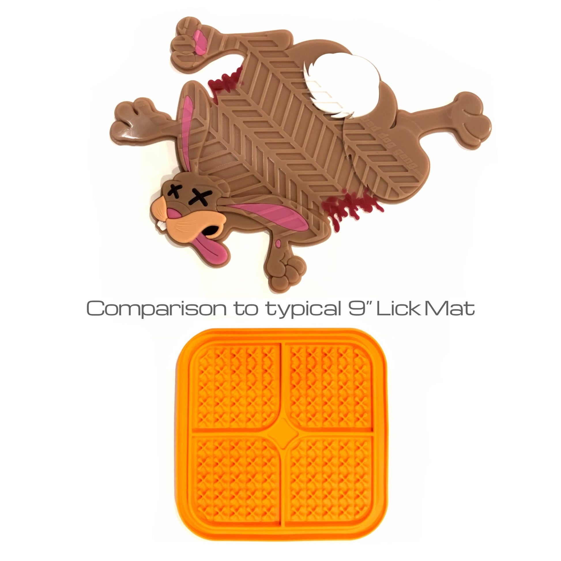 Brown cartoon roadkill rabbit mat with tire marks, above an orange textured lick mat.