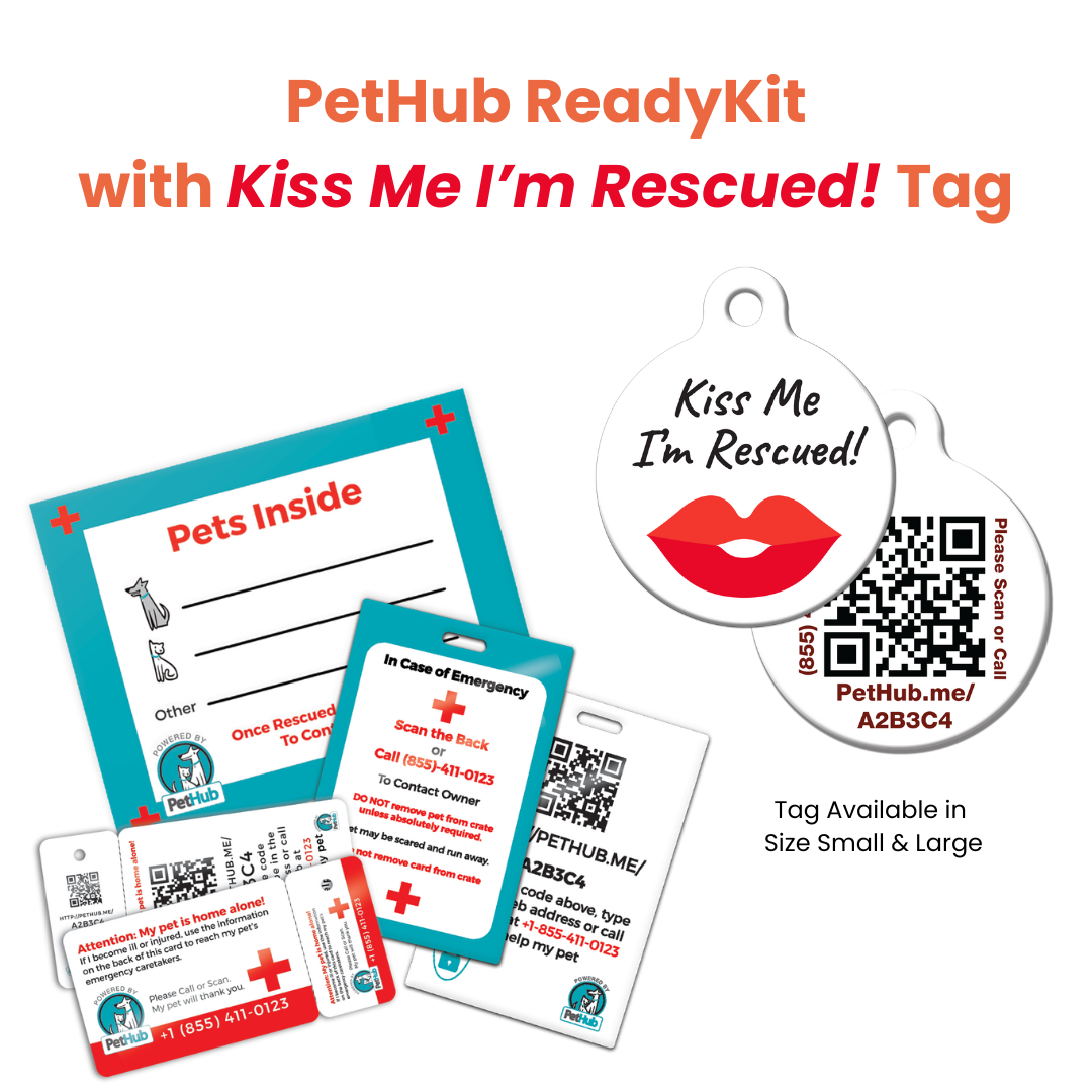 PetHub ReadyKit with tags, cards, and a "Kiss Me I'm Rescued!" tag featuring red lips.