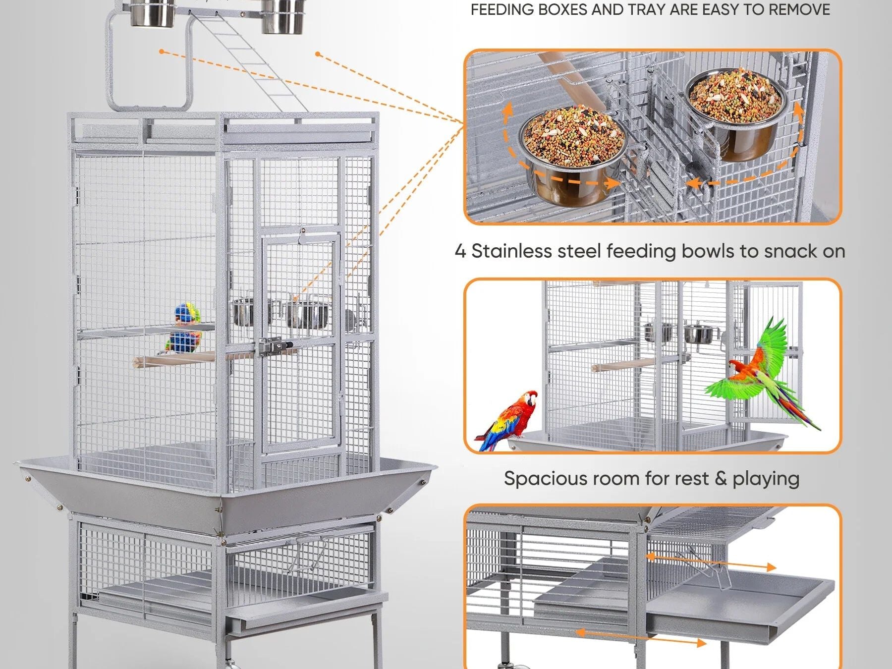 61" Large Bird Cage with Rolling Stand for Parrot Cockatoo Pet House Wrought Iron Birdcage, White