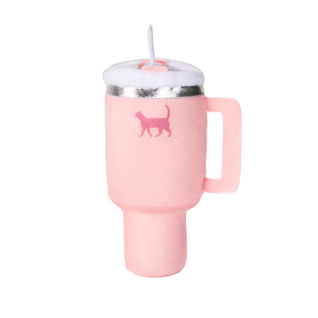 Pink plush cup toy with a handle, silver rim, and a cat silhouette on the side.