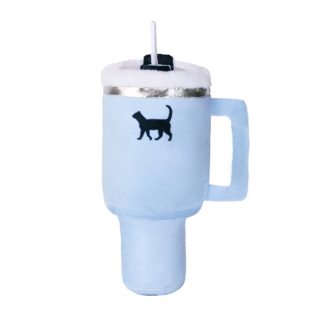 Light blue plush mug with a black cat silhouette, white rim, and handle.