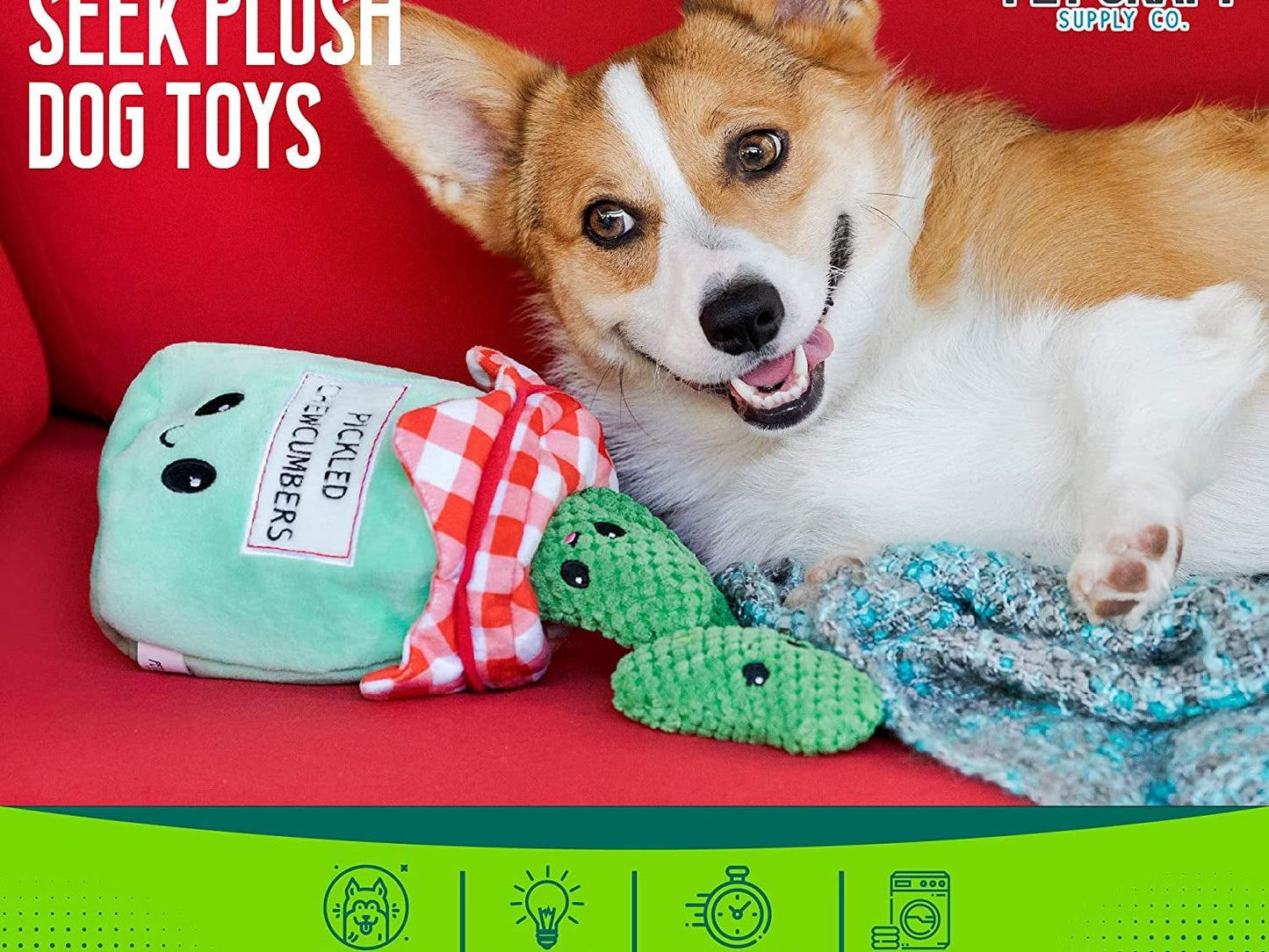 Interactive Plush Dog Toys Bundle - Hide and Seek Crinkle Squeaky Activity Puzzle for Medium Breeds - Includes Pickles Chew and Fetch Treats