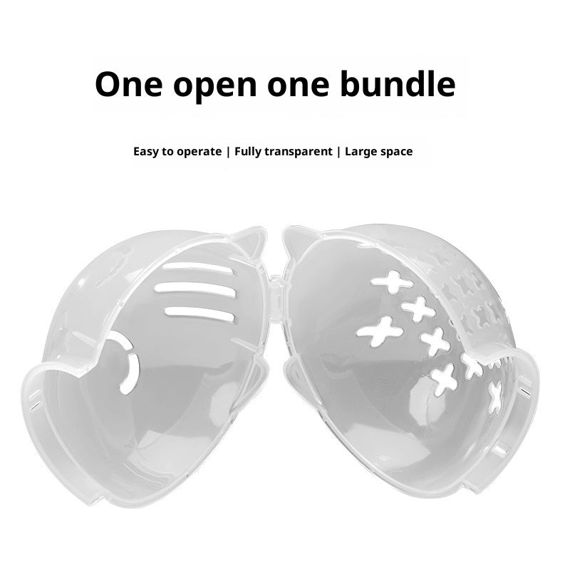 Transparent plastic container with slits and cross-shaped holes, open with text above.