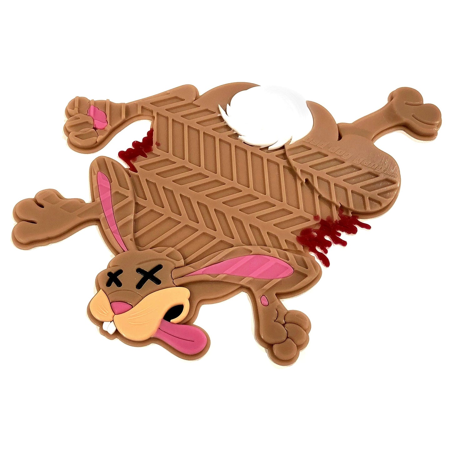 Brown cartoon rabbit flattened with tire marks, pink ears, white tail, and red accents.