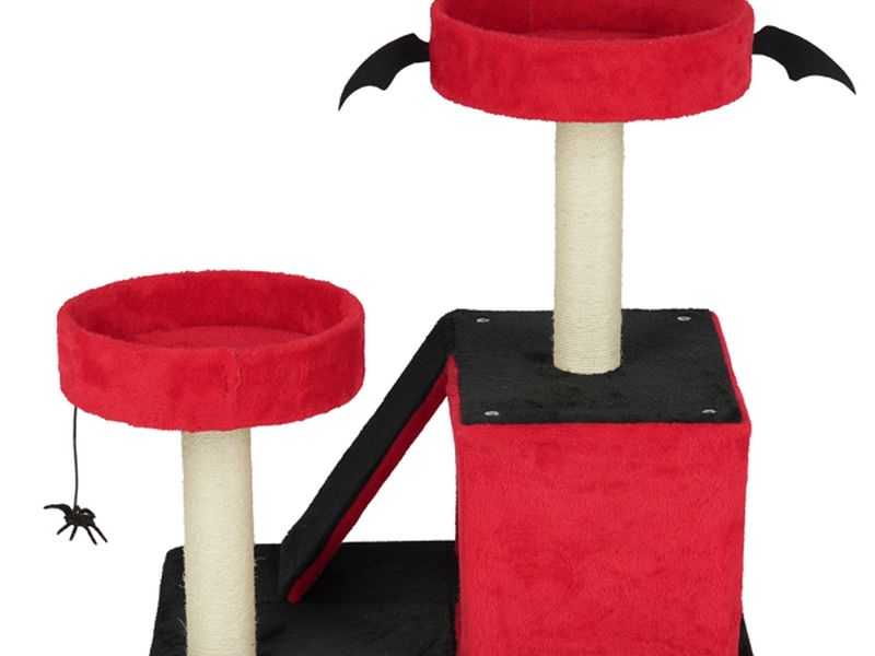 Halloween Cat Climbing Frame Gothic Cat Tree, Cat Tower with Spacious Cat Condo, 2 Padded Perches, Spider Toy, Scratching Posts, Scratching Ladder for Large Cats, Red & Black