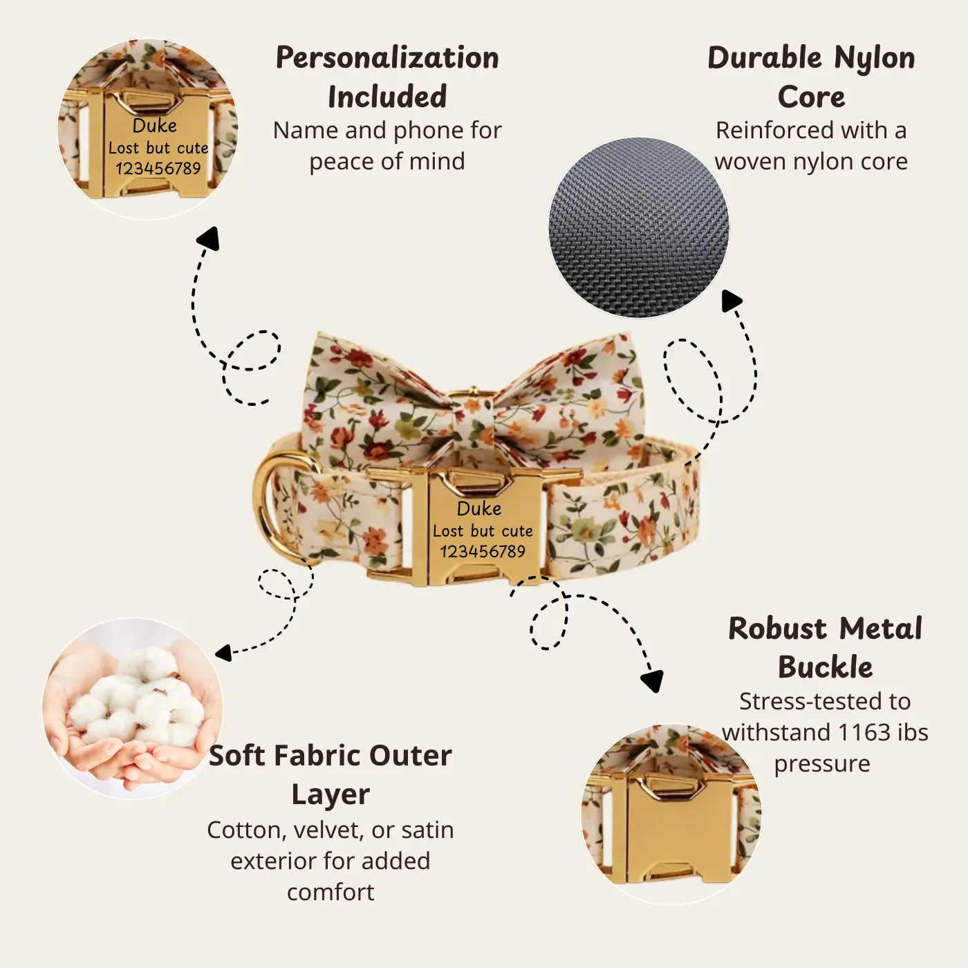Floral dog collar with bow, gold buckle, nylon core, and personalization option.