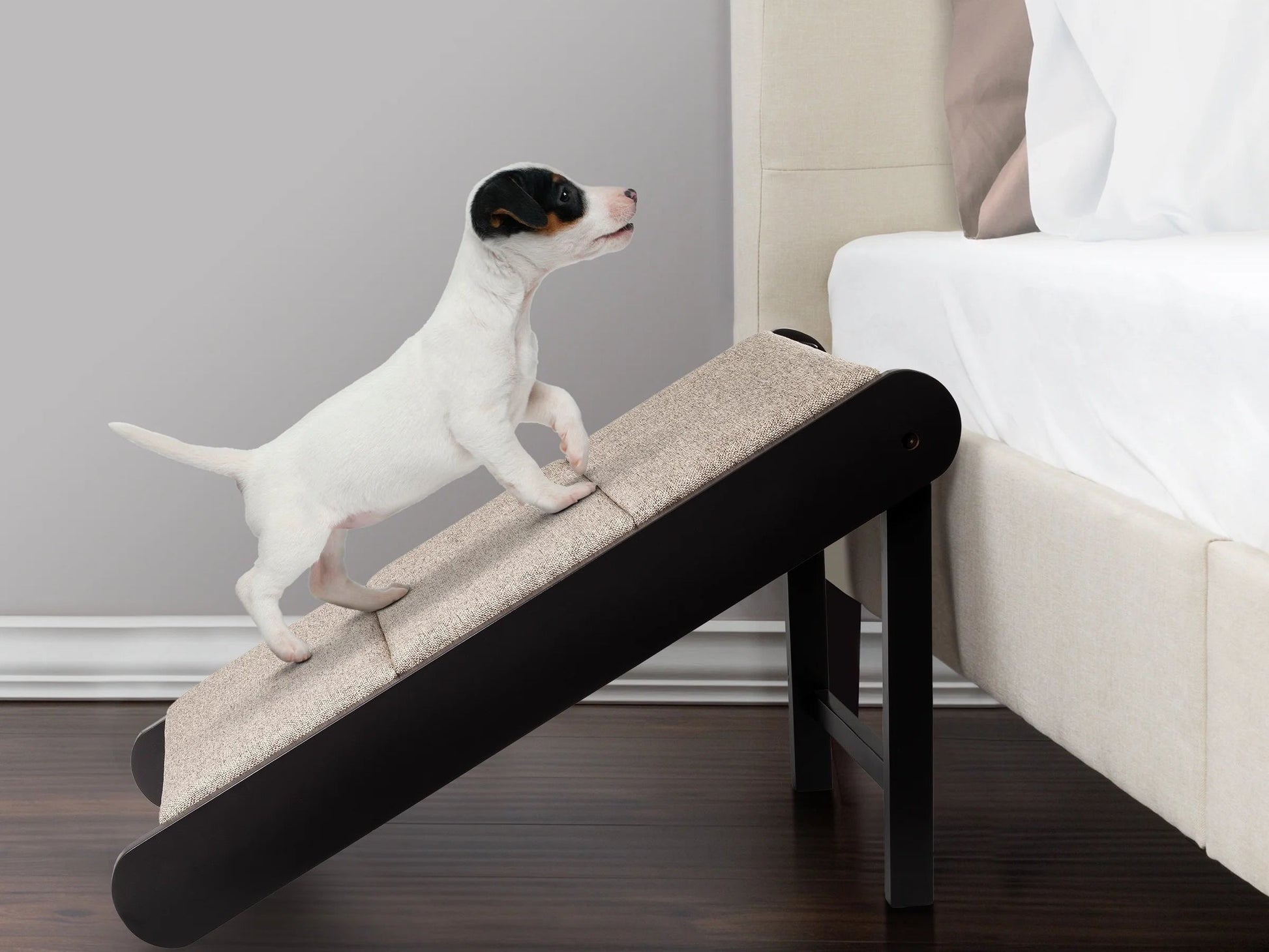 Foldable Wooden Pet Ramp for Bed, Couch, or Vehicle (Gray/Cream)