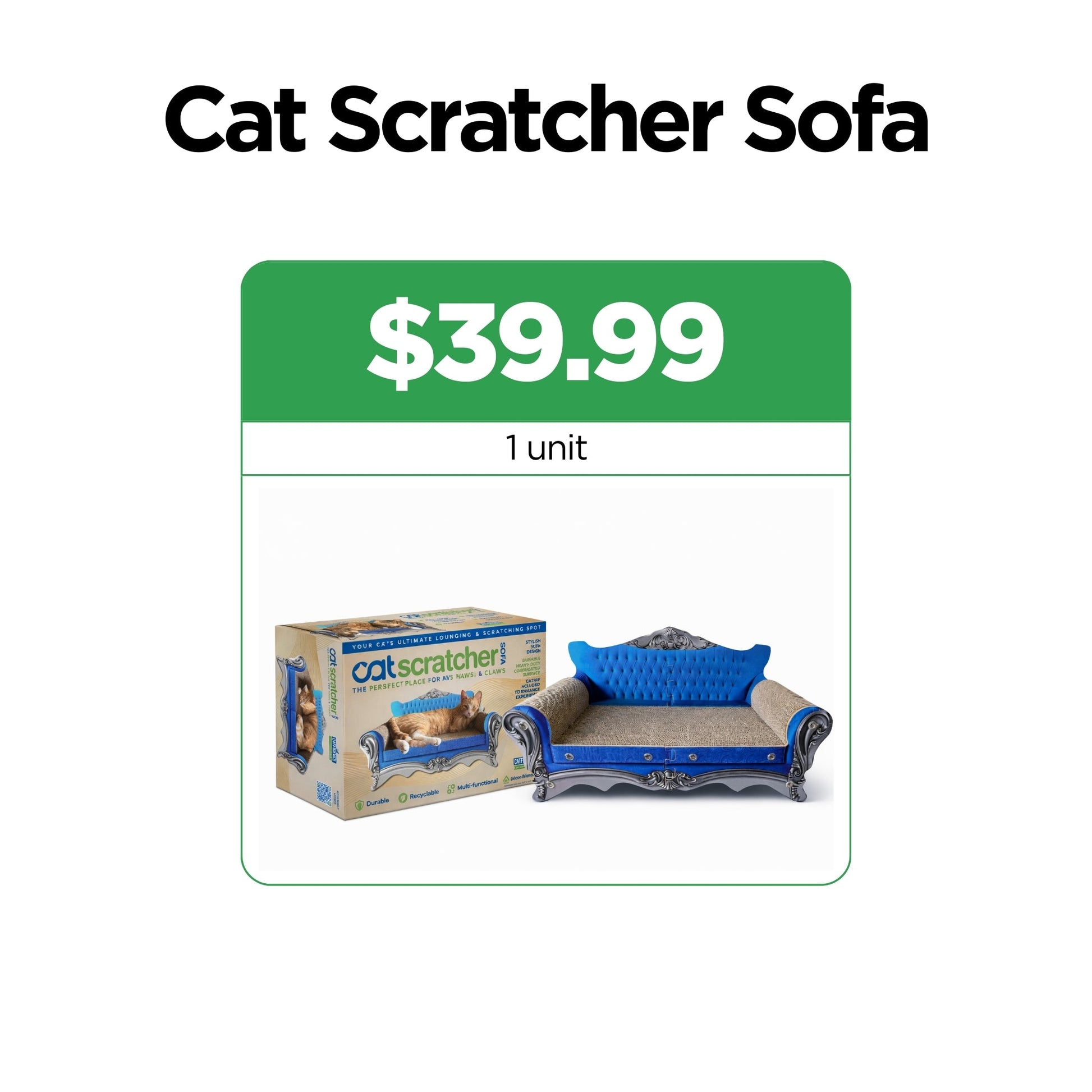 Blue cat scratcher sofa with ornate design, priced at $39.99. Box shown beside it.