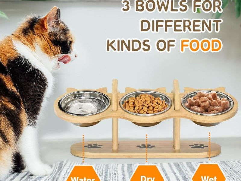 Raised Cat Food Bowls for Indoor Cats, Elevated Cat Bowls,Adjustable Heights Pet Bowl with Black Shelf,3 Stainless Steel Elevated Cat Bowls Stand with 15 ° Tilted,Cat Food and Water Bowl Setcat Food Bowl Slow Feeder Bowl