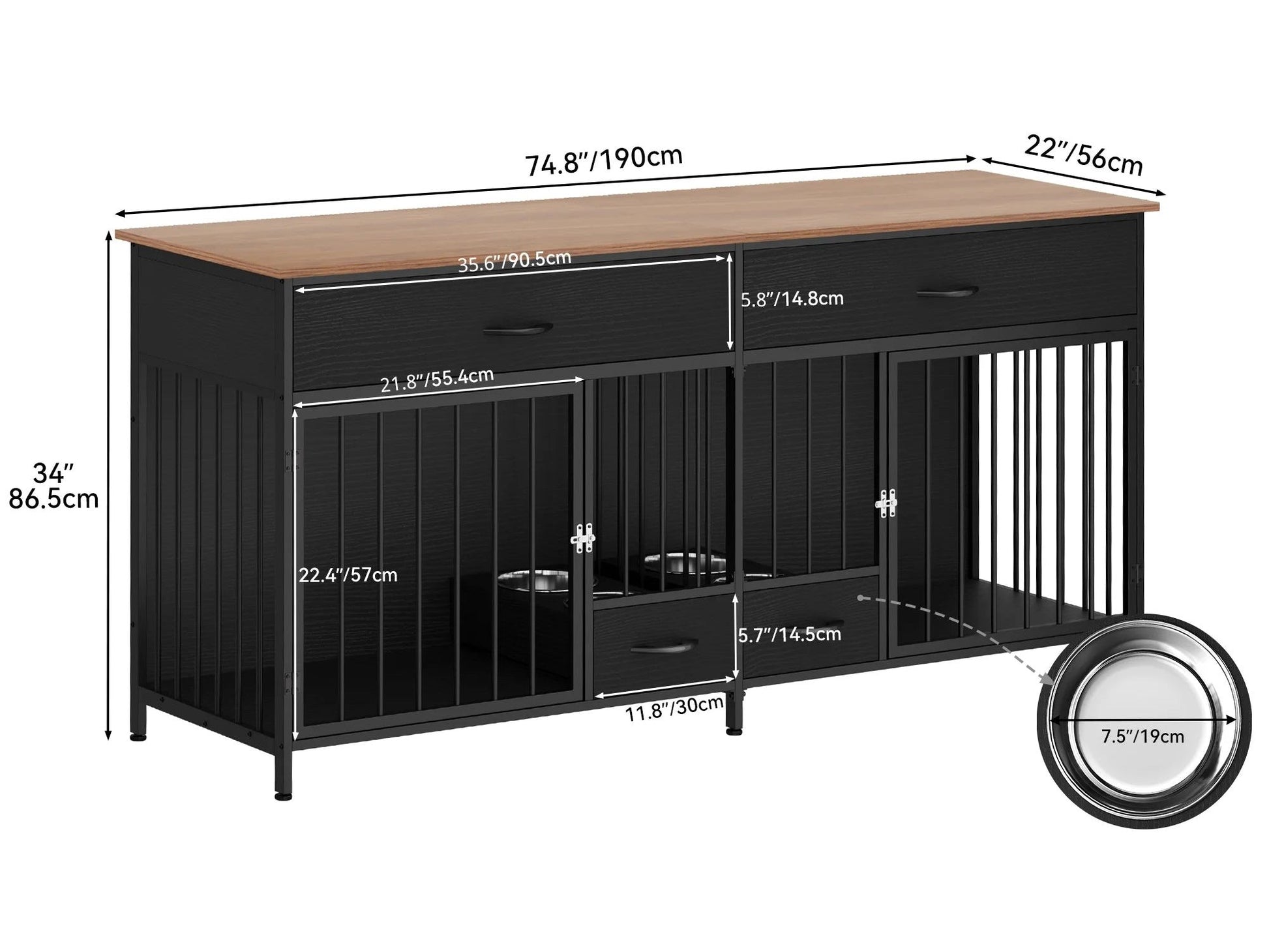 Indoor Dog Crate Furniture Large Breed with Storage&Dog Feeder, Double Dog Kennel Furniture TV Stand, 74.8" Inch Wooden Decorative Dog Kennel Furniture for 2 Dogs, Black