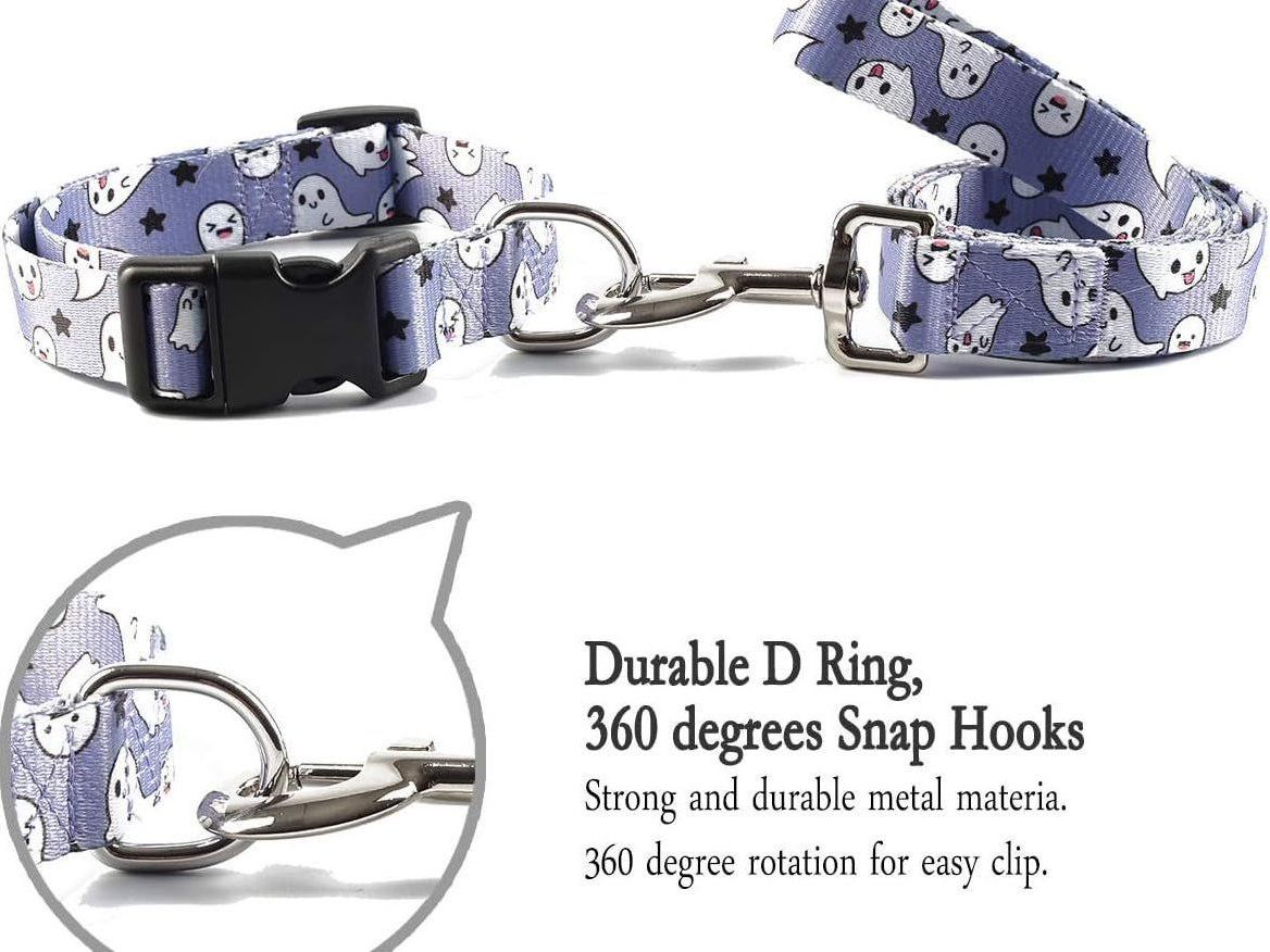 2-Piece Halloween Dog Collar and Ghost Leash Set - Adjustable and Cute Collars for Small, Medium, and Large Pets (Medium, Blue)