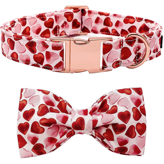 Valentine Red Heart Dog Collar with Bow Tie Adjustable Pet Dog Collar for Large Medium Small Dog