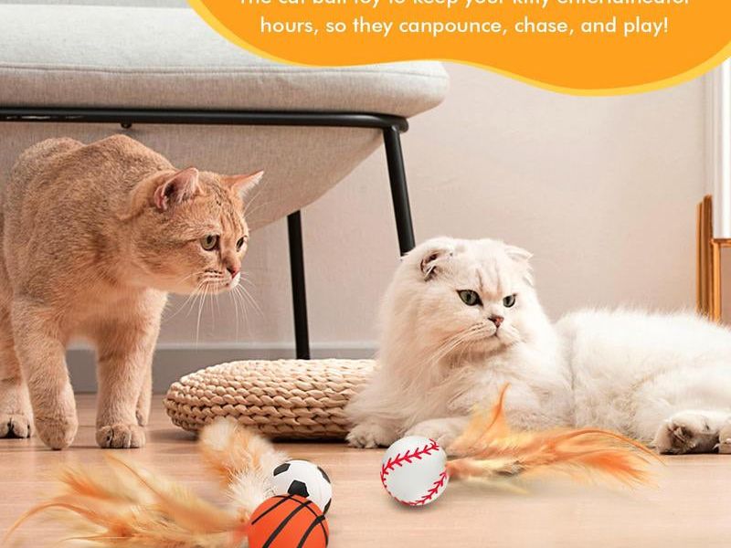 Txfny 9PCS Interactive Feather Ball Toy for Cats, New Cat Bouncy Ball with Feather Tails, Elastic Cat Toy Balls for Indoor, Rolling Balls for Cats Playing Exercise