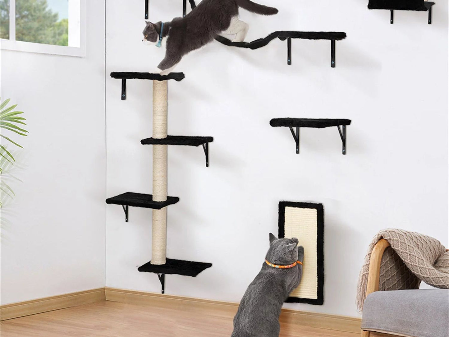 Cat Wall Shelves and Perches Set, Cat Tower for Adult Cats Mounted Cat Tree House for Indoor Cats Modern Furniture for Cat Sleeping Playing Lounging Climbing Cat Tree for Large, Black