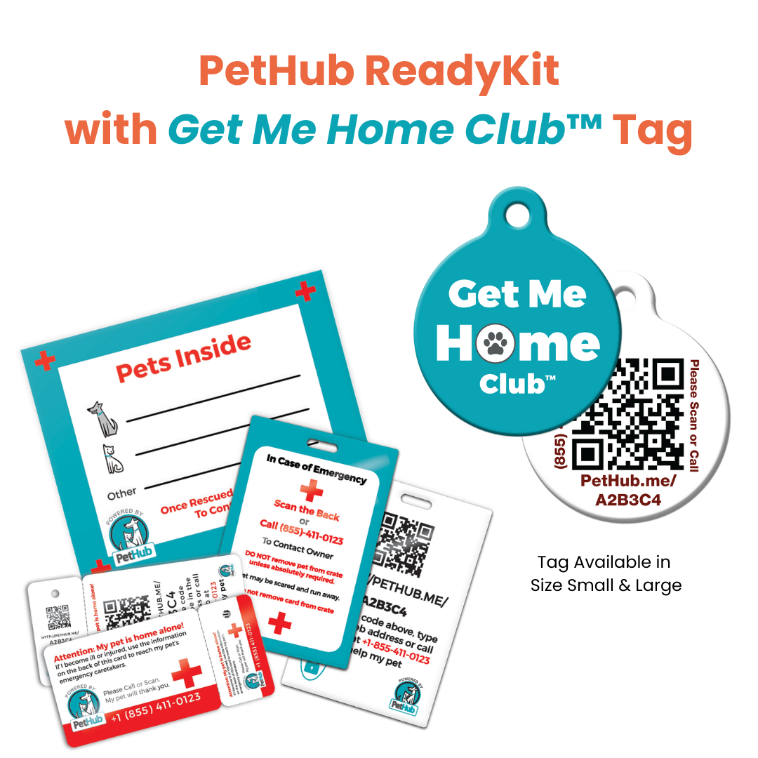 PetHub ReadyKit with tags, cards, and stickers in red, blue, and white for pet safety and ID.