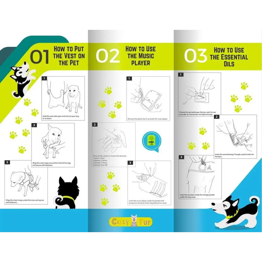 Instructional guide with three sections on pet care, featuring cartoon dogs and paw prints.