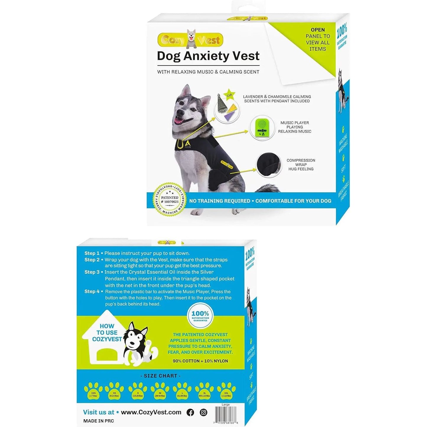 Dog anxiety vest packaging with a husky image, calming scent, music player, and size chart.