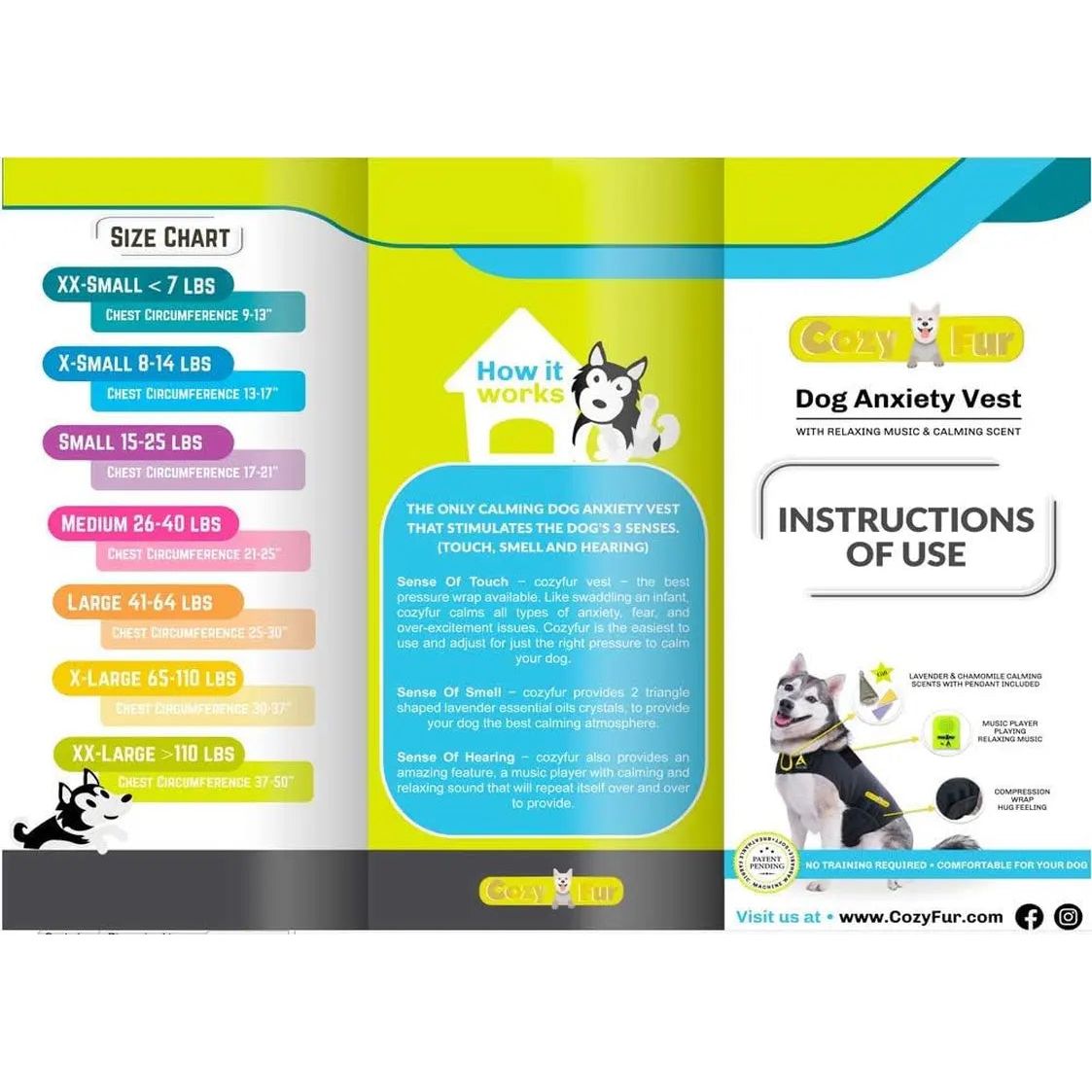 Colorful dog anxiety vest guide with size chart, calming features, and a happy dog illustration.