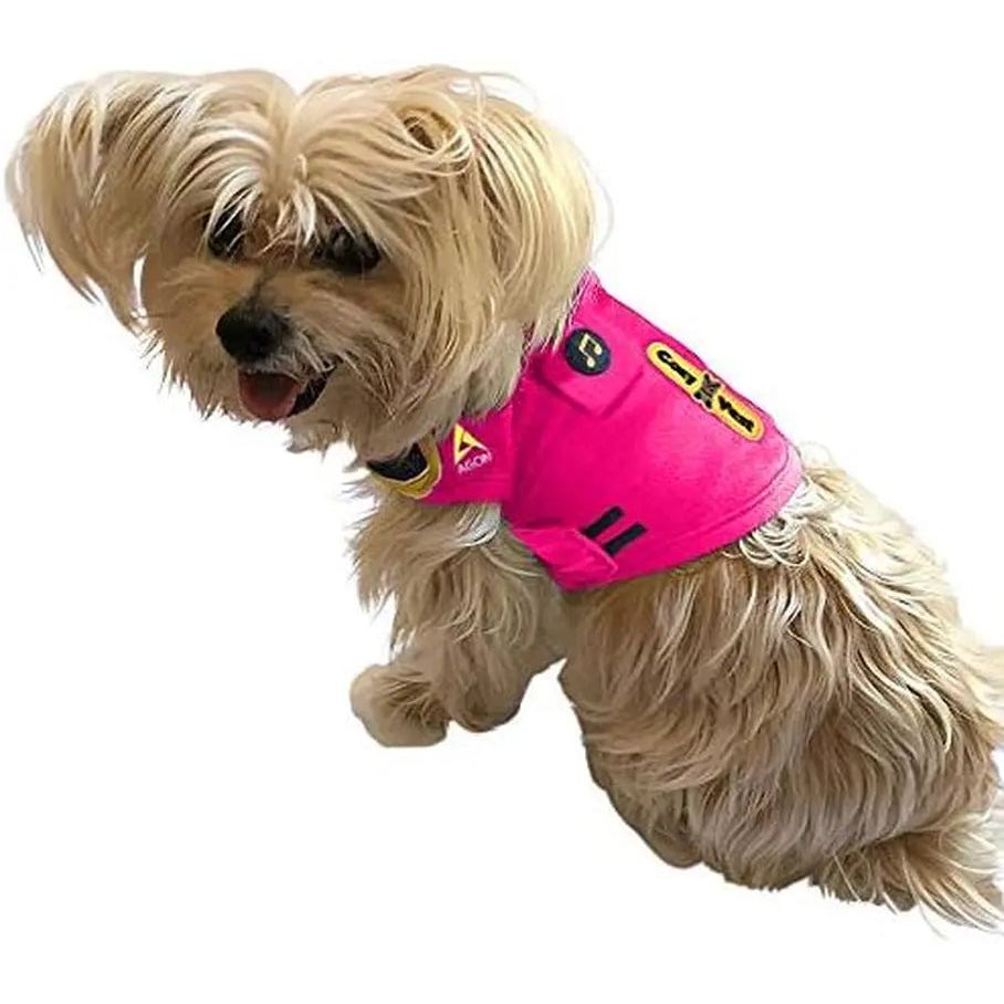 Small, fluffy dog wearing a bright pink vest with black and yellow patches, facing left.