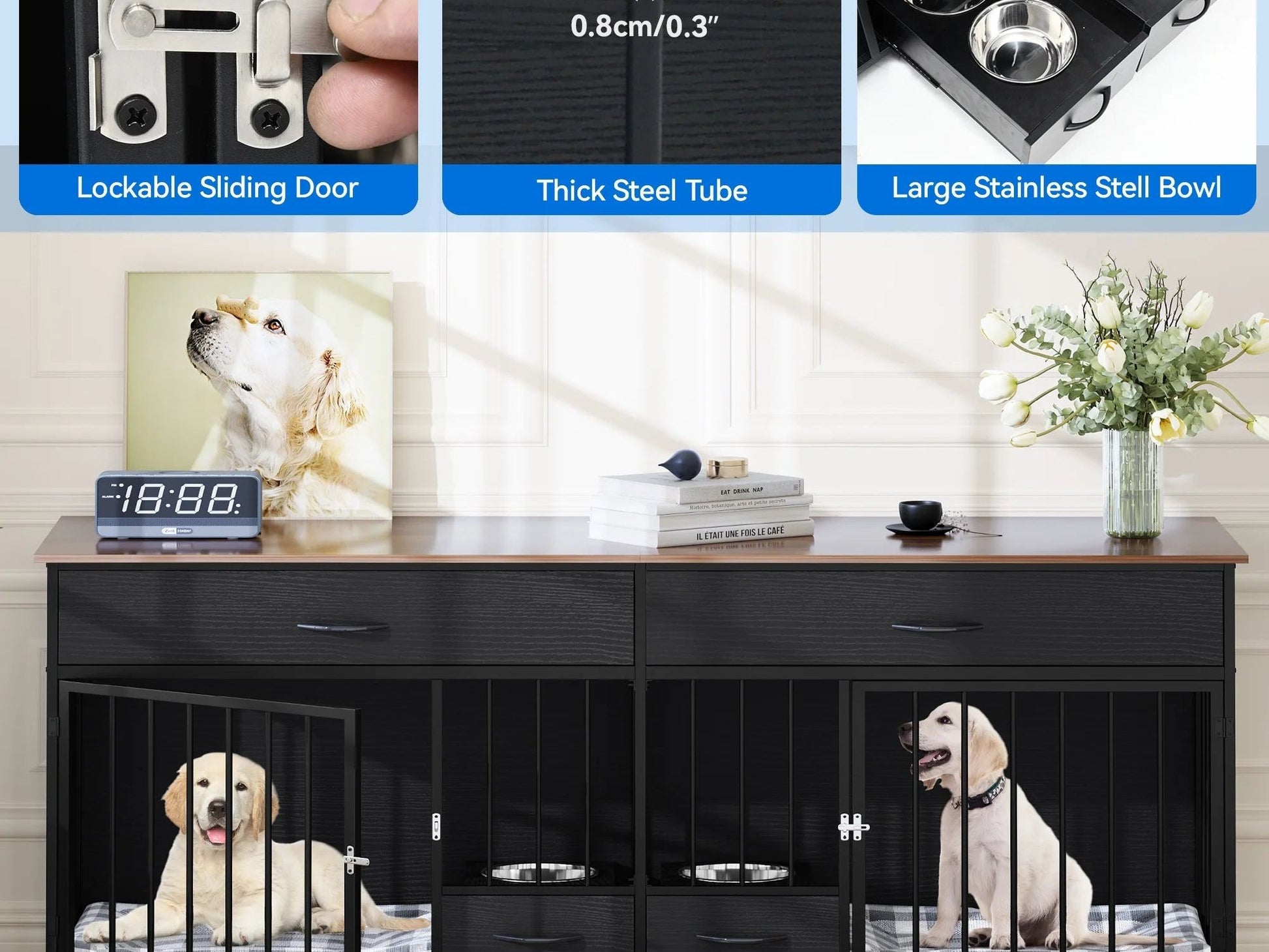 Indoor Dog Crate Furniture Large Breed with Storage&Dog Feeder, Double Dog Kennel Furniture TV Stand, 74.8" Inch Wooden Decorative Dog Kennel Furniture for 2 Dogs, Black