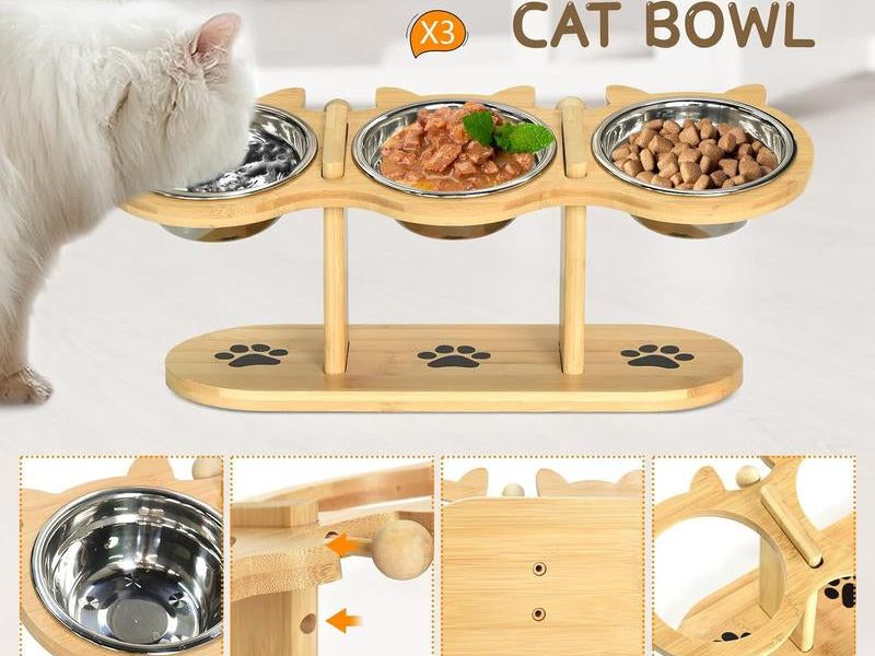 Raised Cat Food Bowls for Indoor Cats, Elevated Cat Bowls,Adjustable Heights Pet Bowl with Black Shelf,3 Stainless Steel Elevated Cat Bowls Stand with 15 ° Tilted,Cat Food and Water Bowl Setcat Food Bowl Slow Feeder Bowl