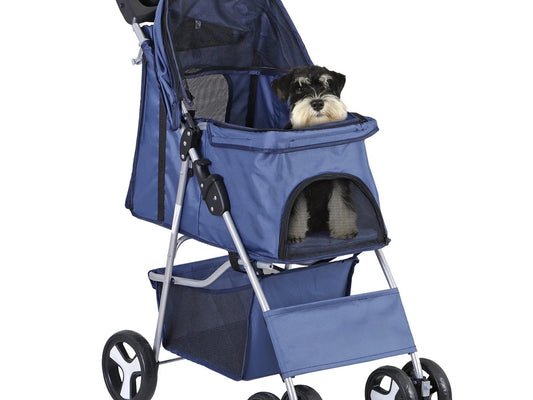 4 Wheels Small Pet Dog Stroller Foldable Strolling Cart Max.33Lbs W/Storage Basket & Cup Holder,Navy